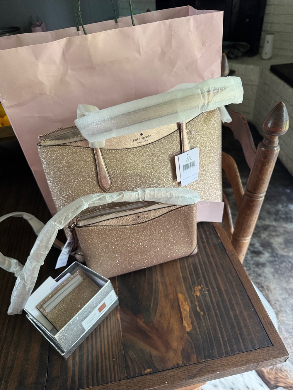 kate spade rose gold glitter tote with matching crossbody and cardholder Set 3 p
